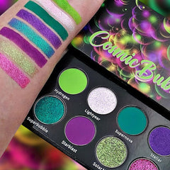 Cosmic Bubbles Eyeshadow Palette featuring 12 vibrant matte and shimmer shades in rainbow hues with black compact case