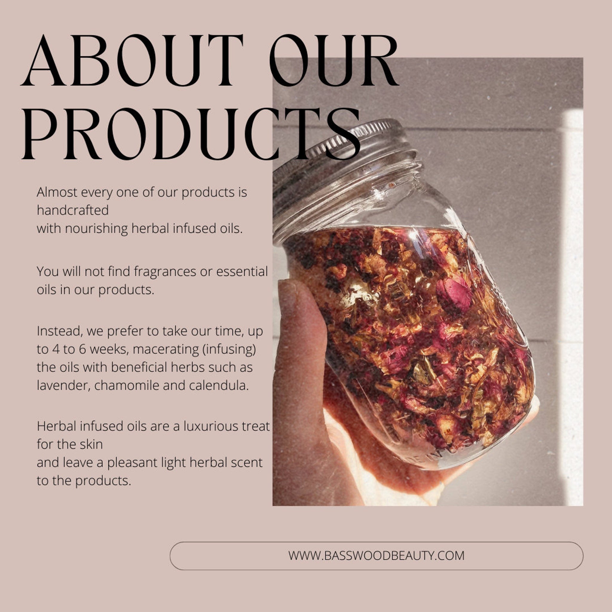 Herbal infused oils in glass jar with dried flowers, clear glass, and metal lid, Basswood Beauty