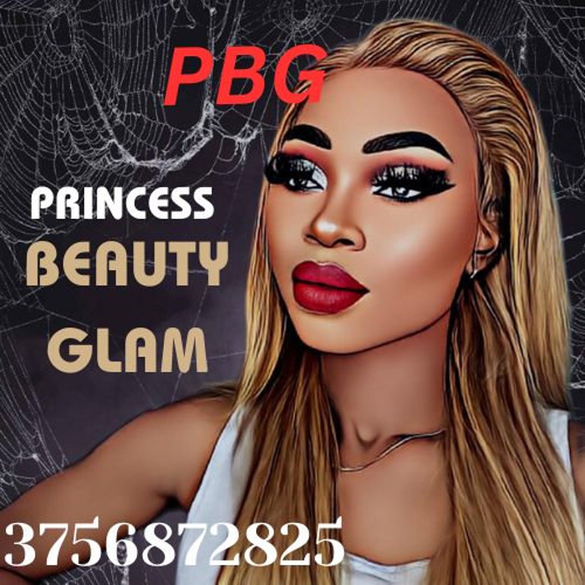 PBG Princess Beauty Glam logo with blonde hair, red lips, and dark background with web pattern.