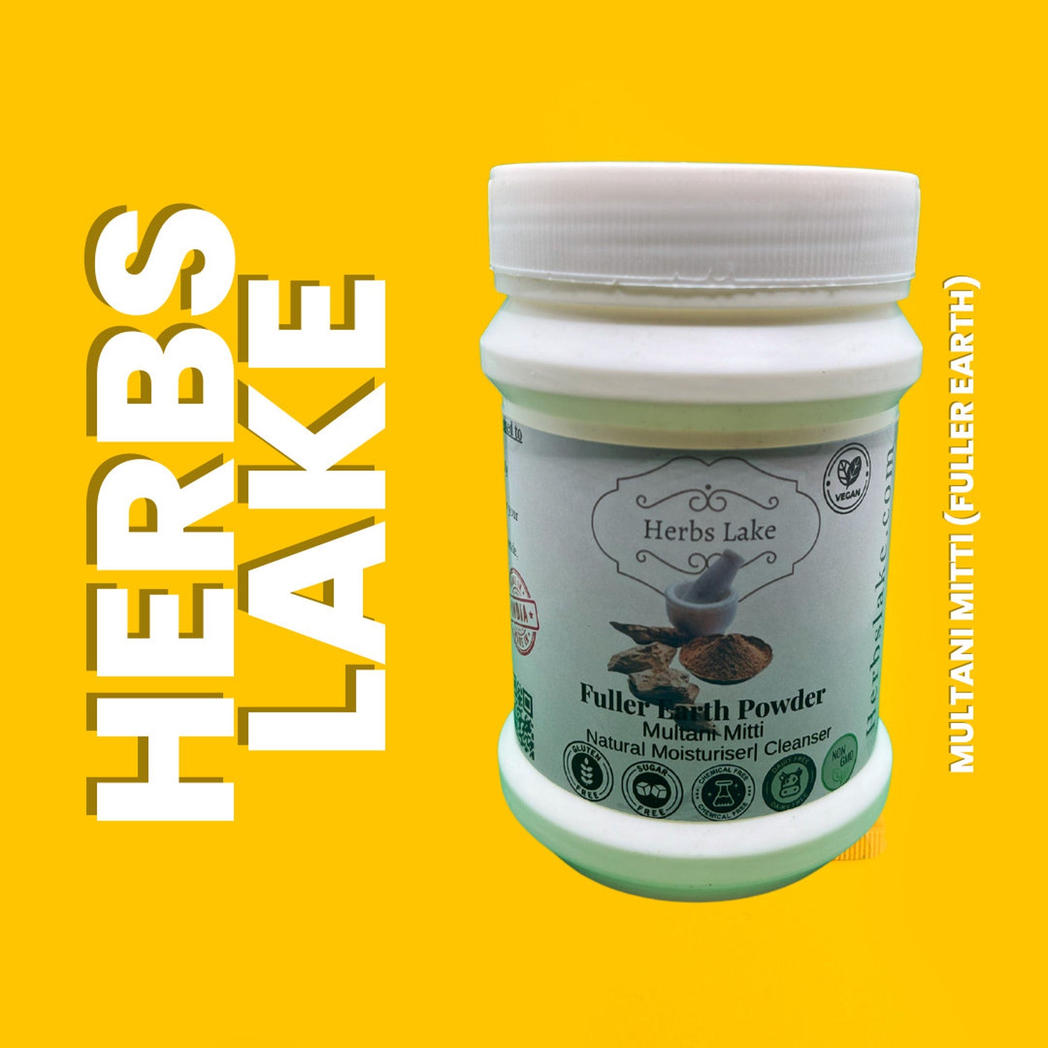 Fuller Earth powder in white jar with Herbs Lake label, yellow background, and text