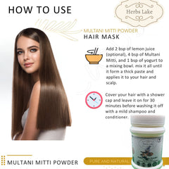 Multani Mitti Hair Mask with woman, brown hair, and Herbs Lake product label.