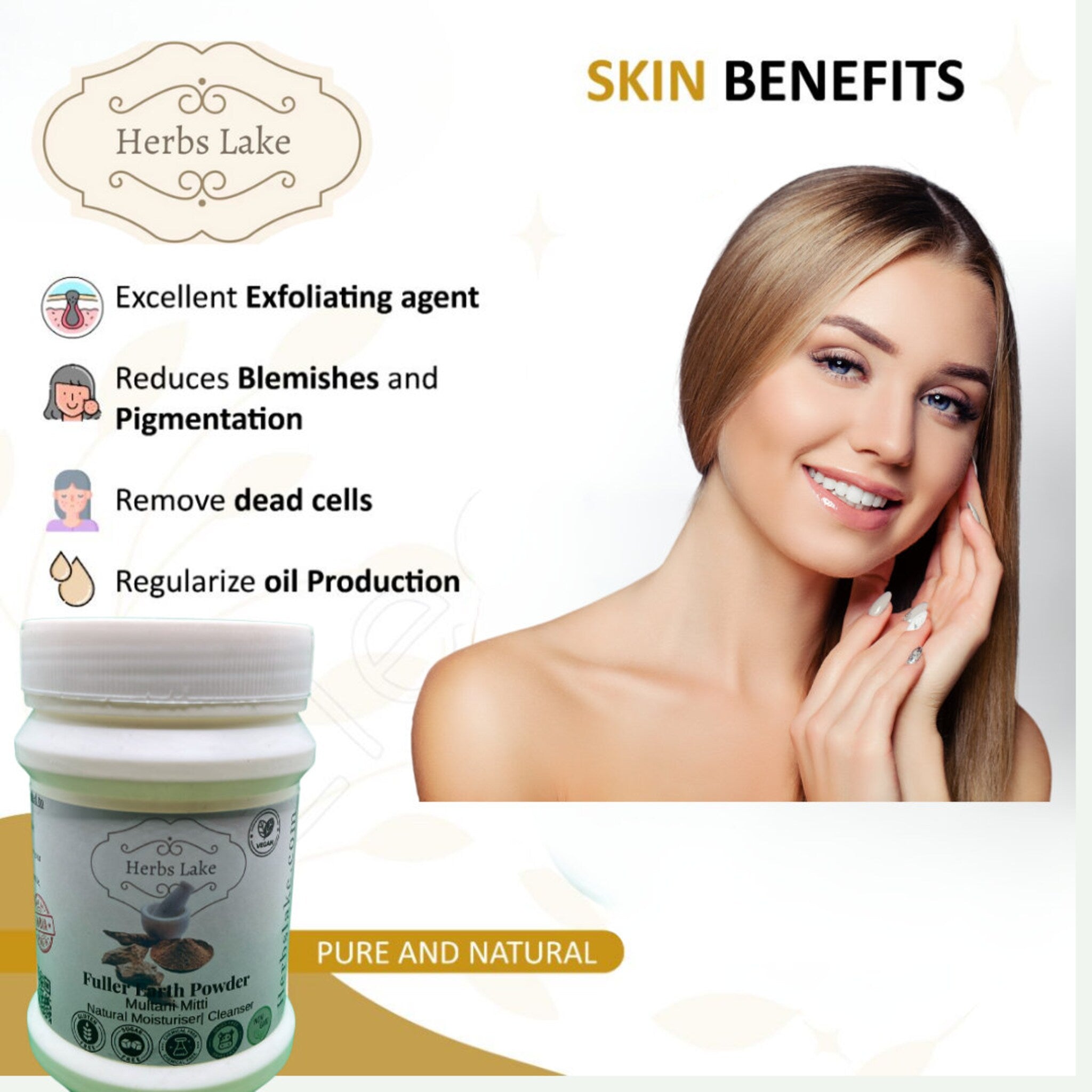 Fuller Earth Powder jar, white container, Herbs Lake brand, skin benefits information shown