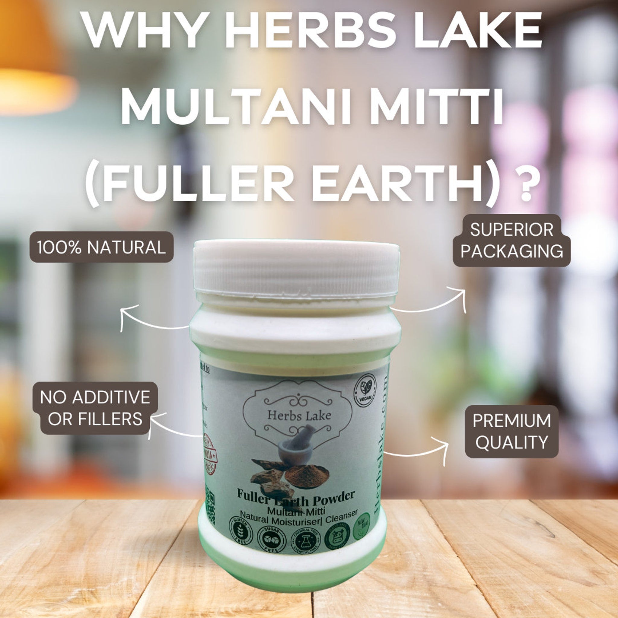 Fuller Earth powder in white plastic jar with green label, Herbs Lake brand, on wooden surface