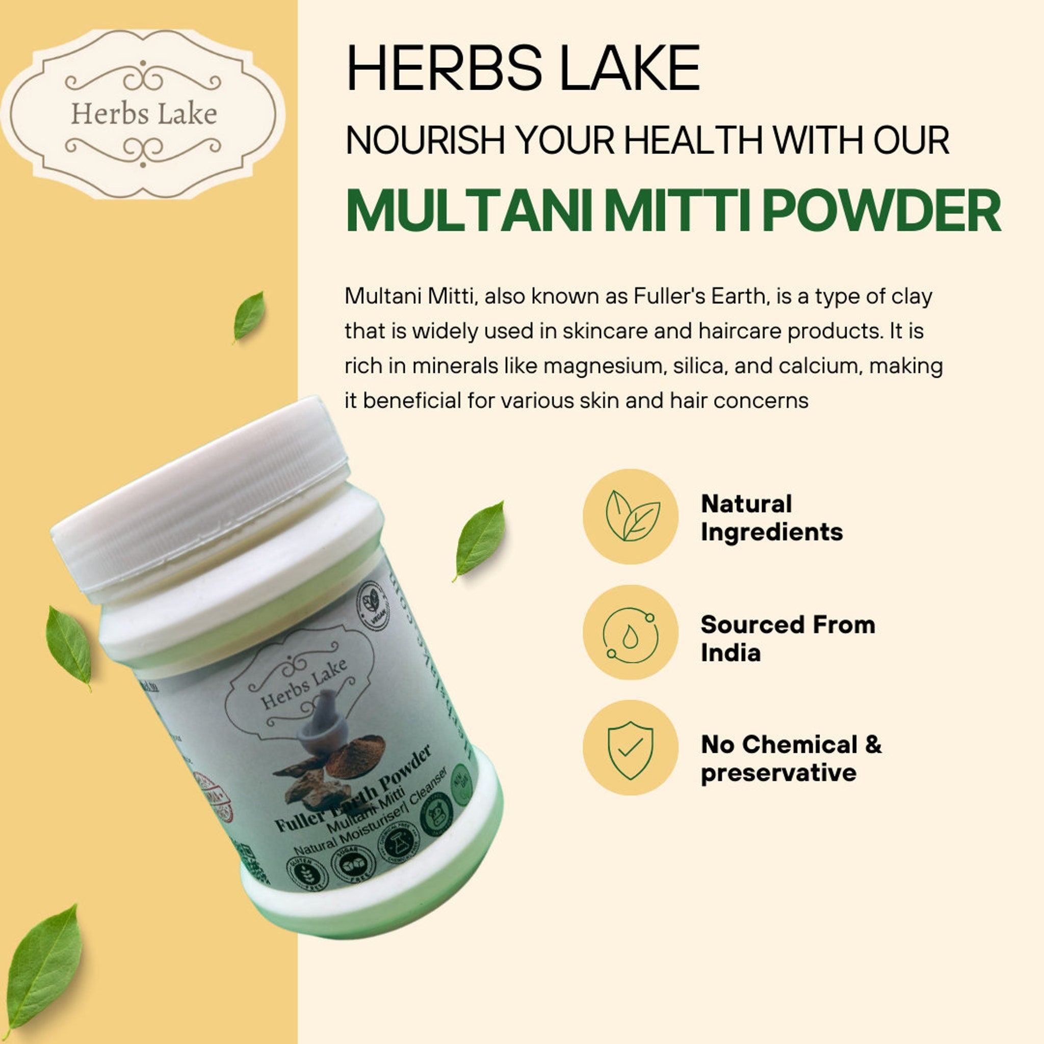 Multani Mitti powder in white jar with Herbs Lake label and green leaves around it