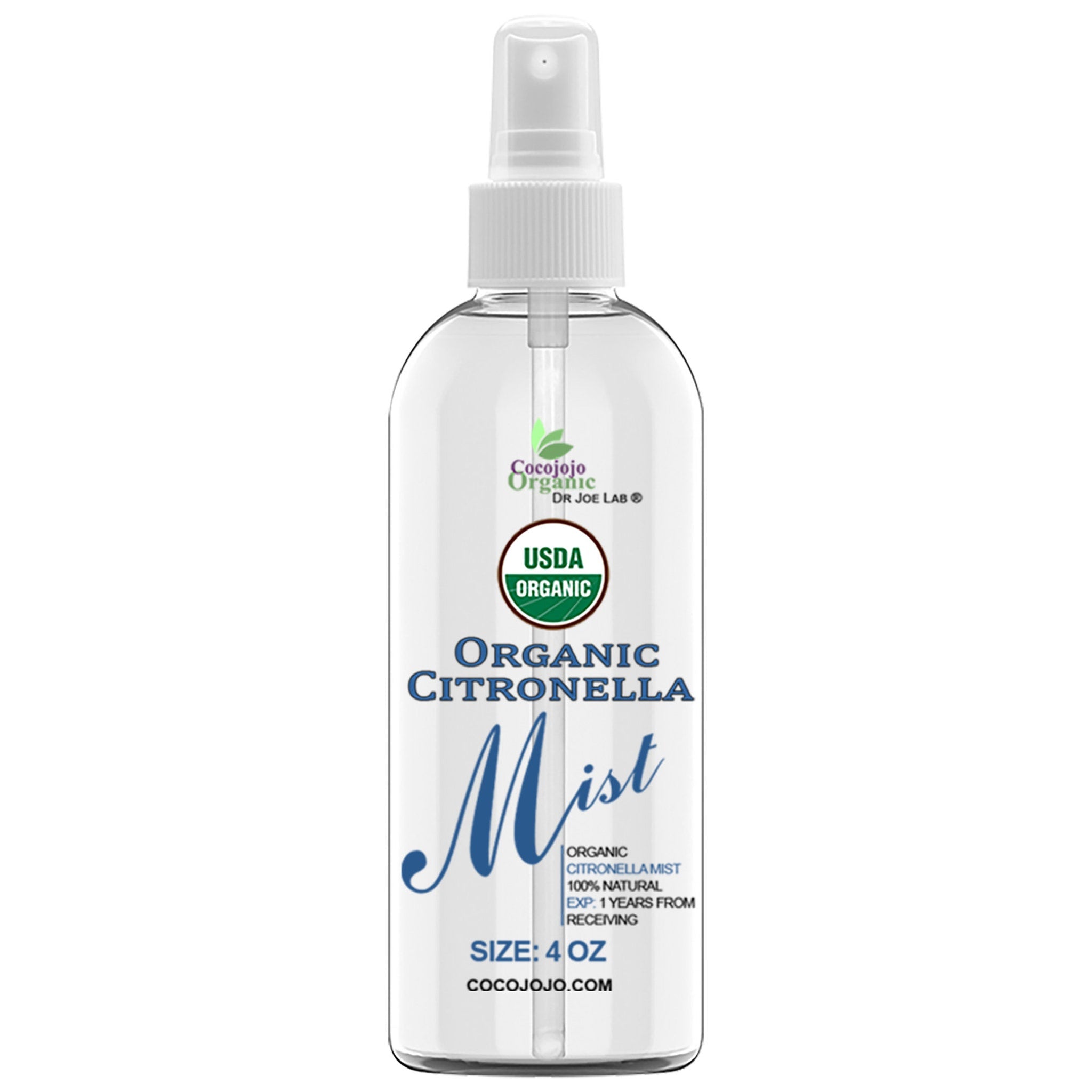 Citronella mist spray bottle, clear bottle with white spray top, Cocojojo Organic label visible