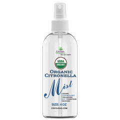 Citronella mist spray bottle, clear bottle with white spray top, Cocojojo Organic label visible