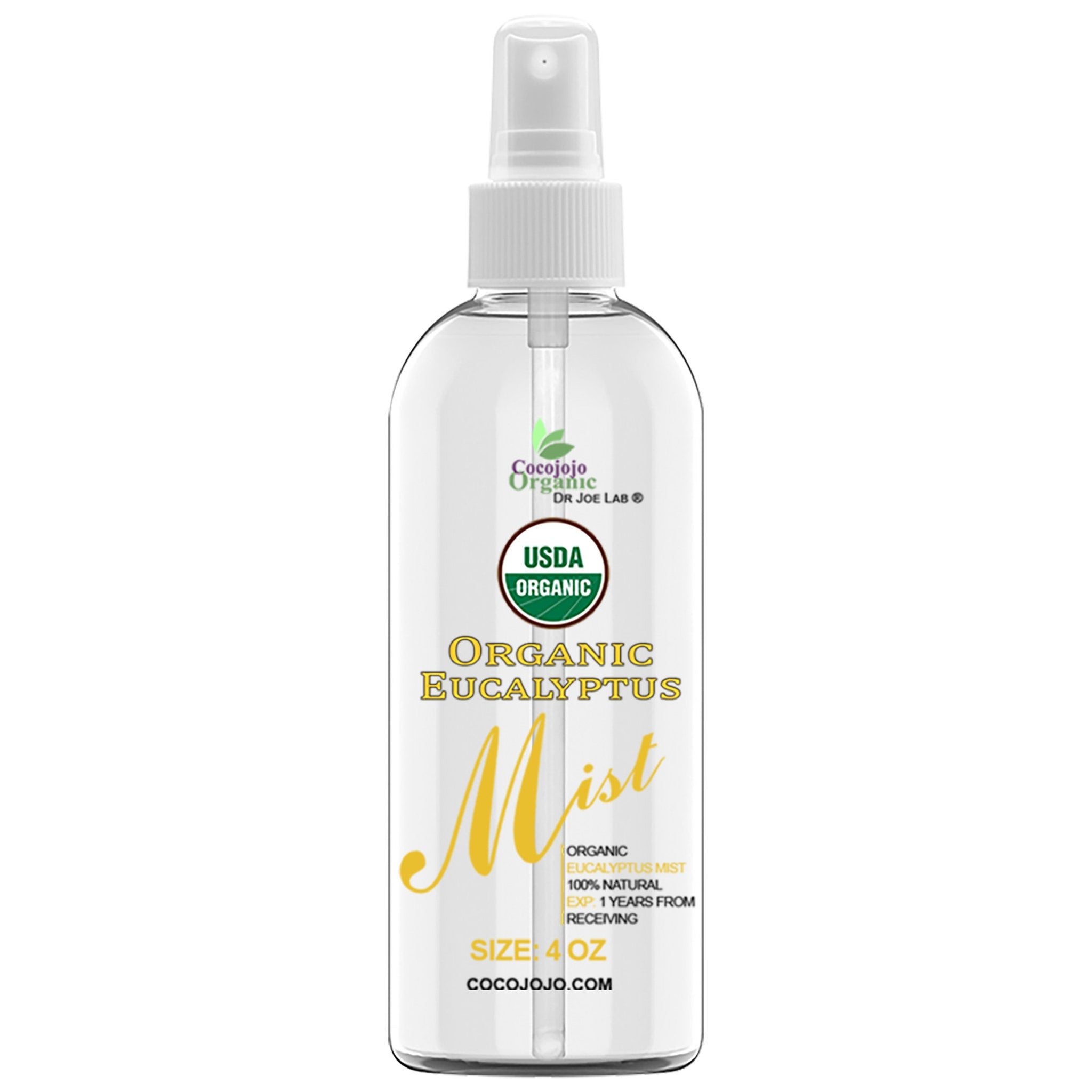 Eucalyptus mist spray bottle with white cap, clear liquid, and Cocojojo Organic label