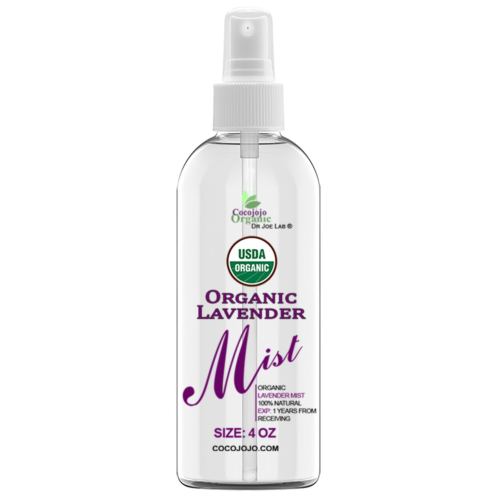 Lavender mist spray bottle, clear glass, white pump, with Cocojojo Organic label