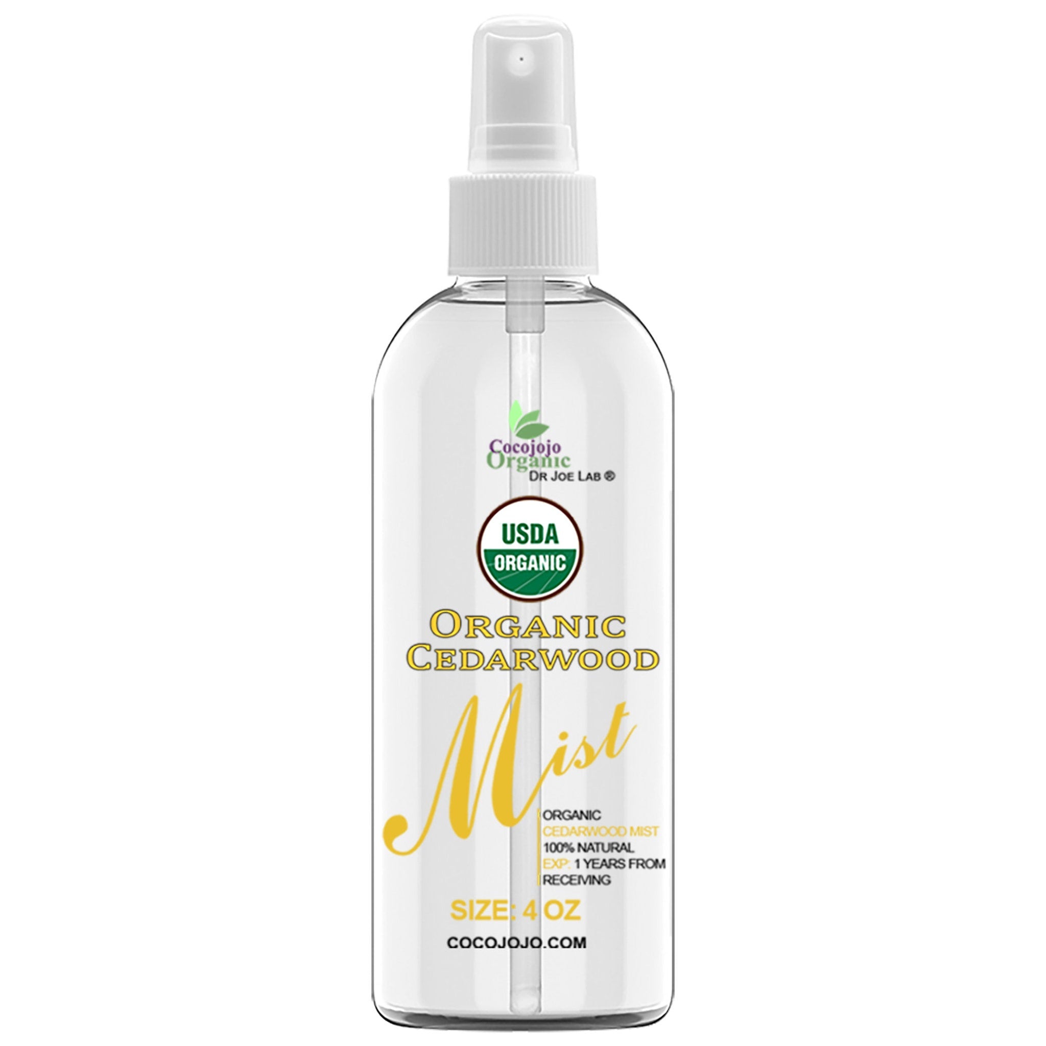 Cedarwood mist spray bottle with white cap and clear liquid, Cocojojo Organic branding visible