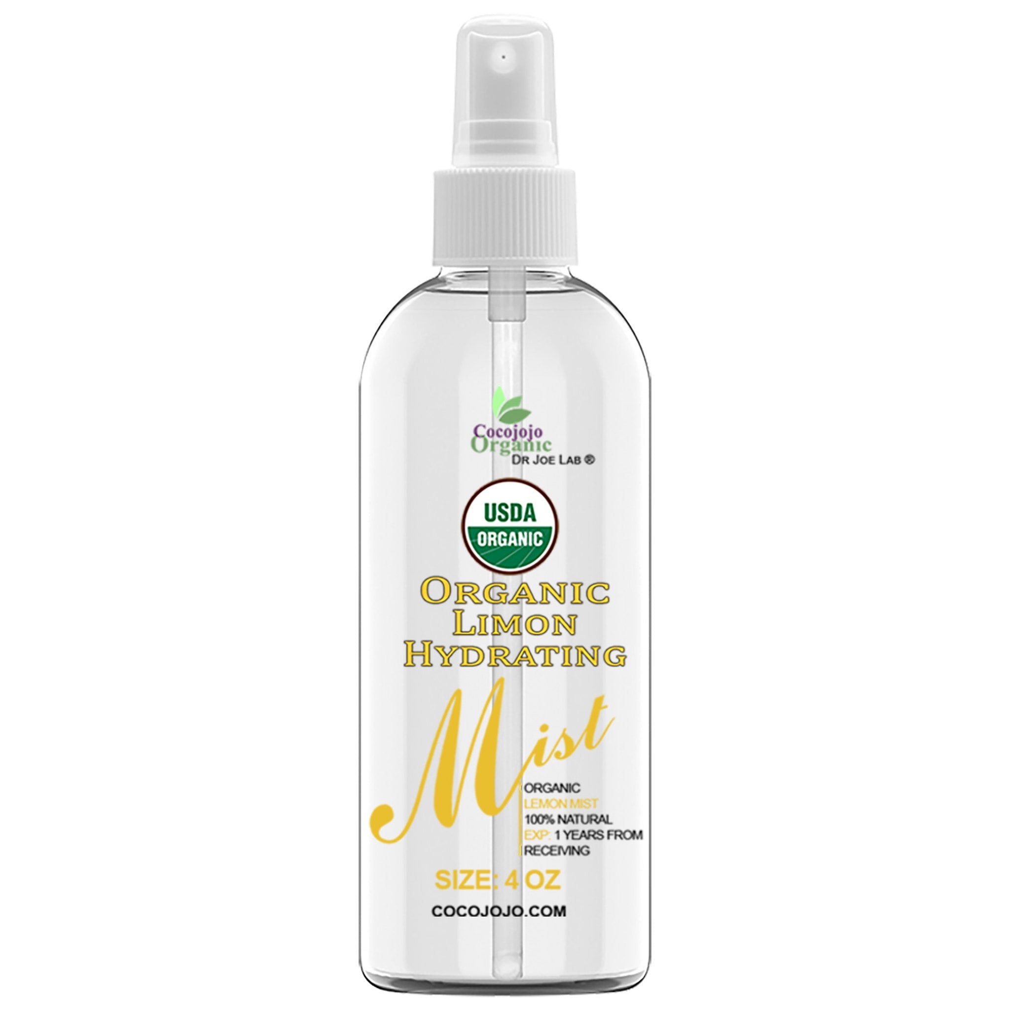 Hydrating mist spray bottle, clear glass, white cap, Cocojojo Organic label