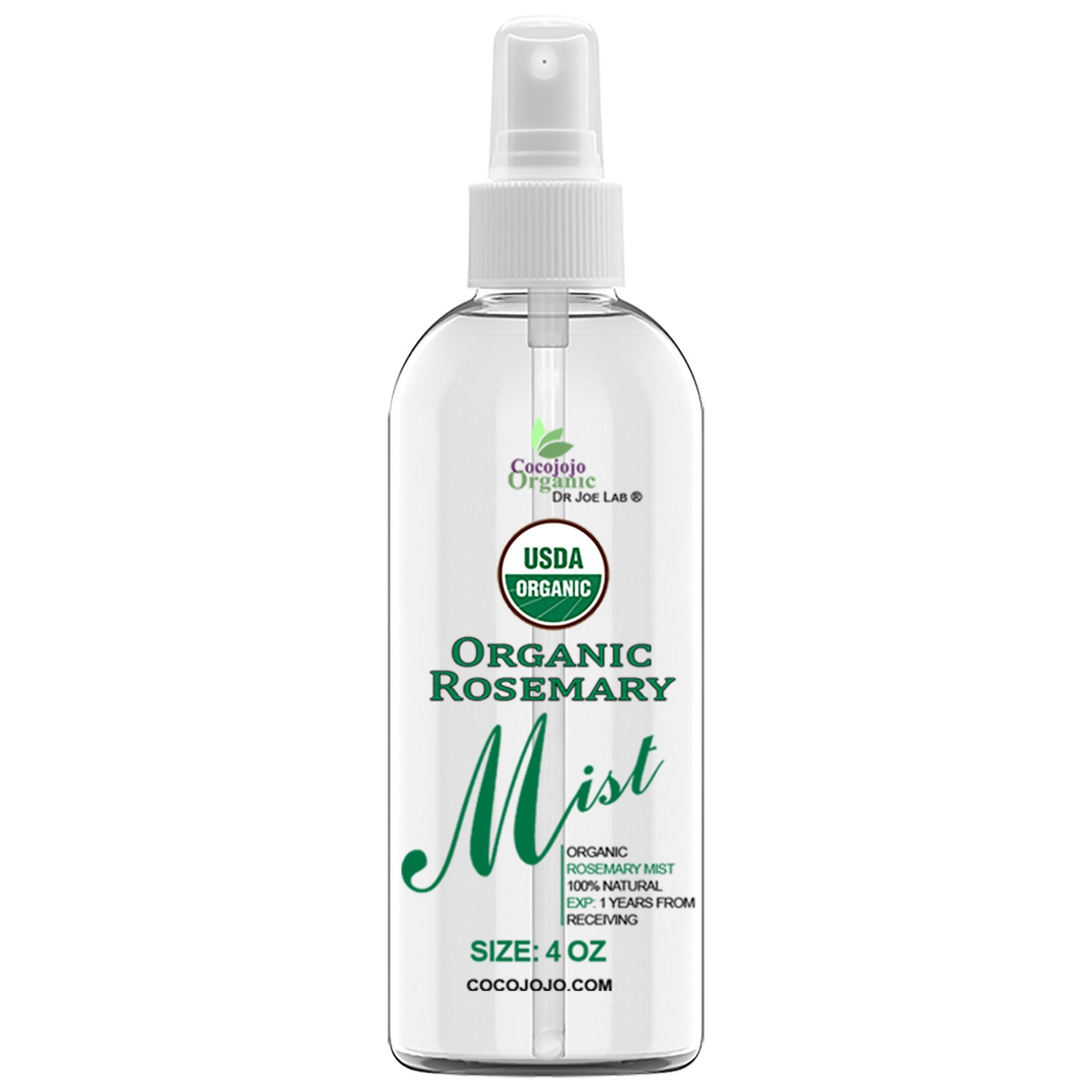 Rosemary mist spray bottle, clear liquid, white cap, Cocojojo Organic label, 4 oz size, for skincare use