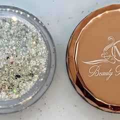Glitter jar with silver glitter, gold cap, and Beauty Secrets branding