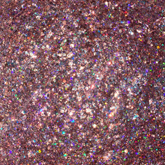 Close-up of rosé pink glitter eyeshadow with shimmering particles and smooth pressed powder texture
