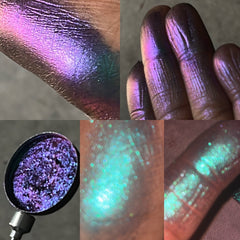 Single pan multichrome eyeshadow shifting between vibrant hues in a compact 26mm round case