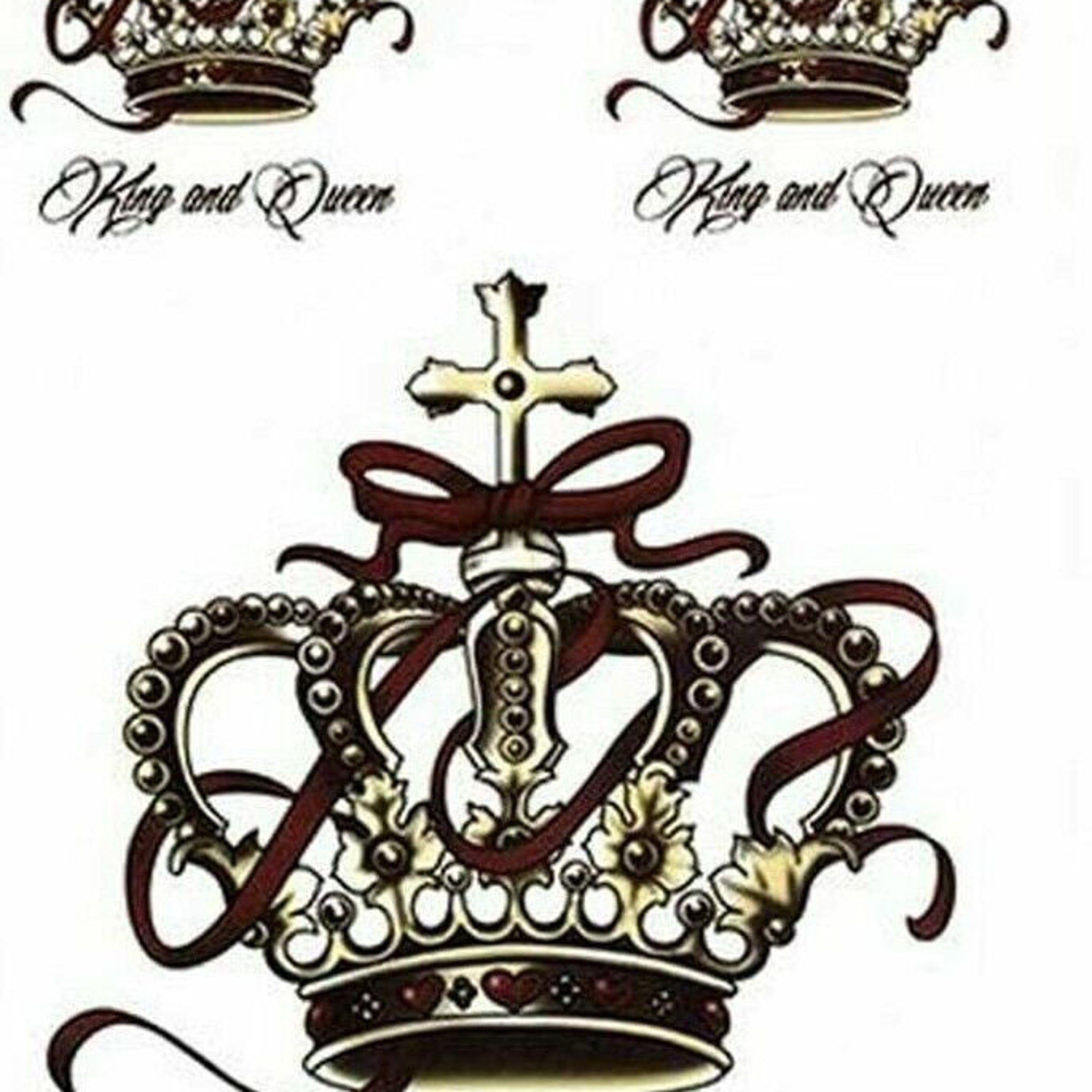 Elegant sheet of waterproof crown tattoos with gold detailing, displayed on minimalist skincare packaging