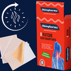 Auto-heating patches with beige and orange layers, red packaging, and Okéopharma branding