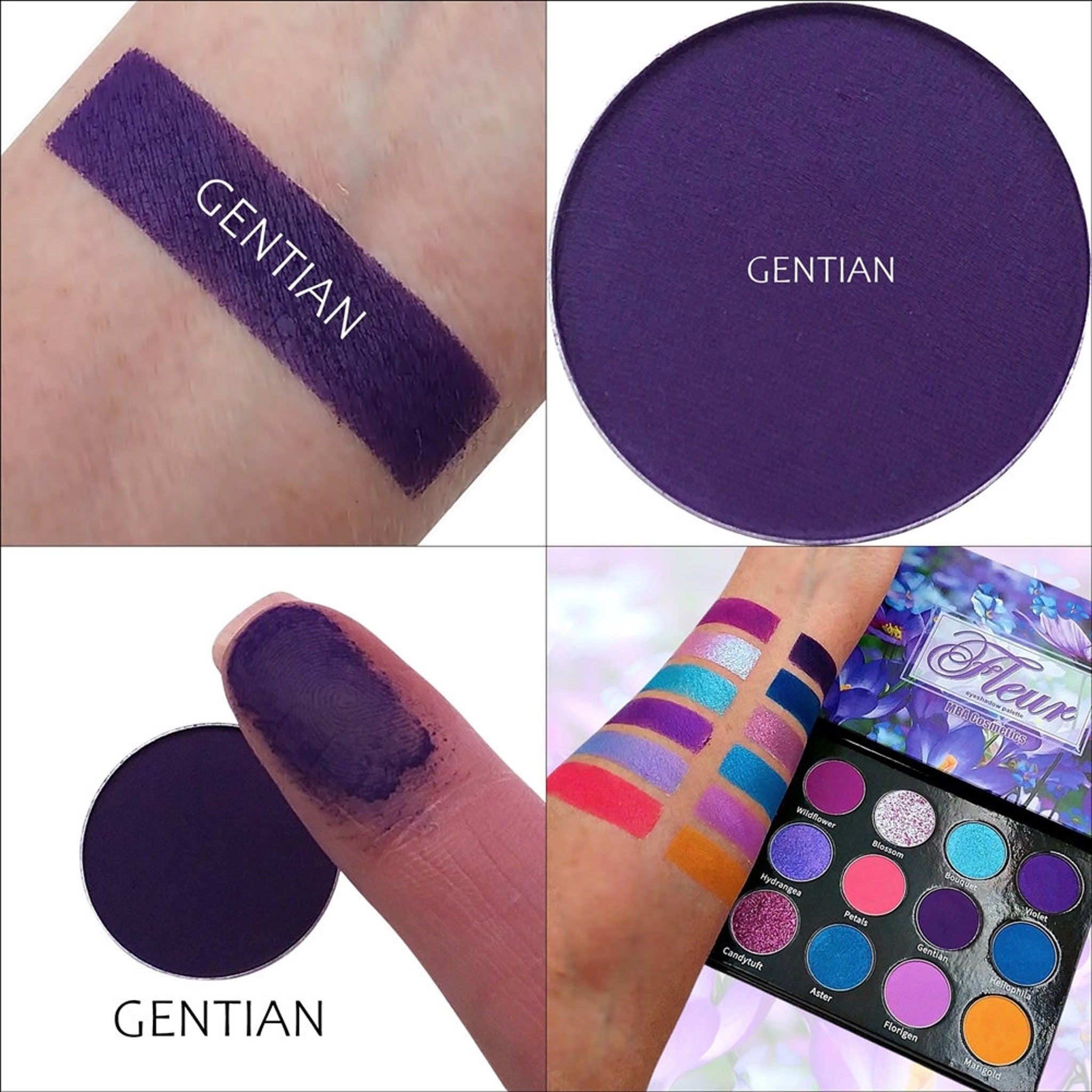 Close-up of matte gentian blue eyeshadow being applied to eyelid with a fluffy brush