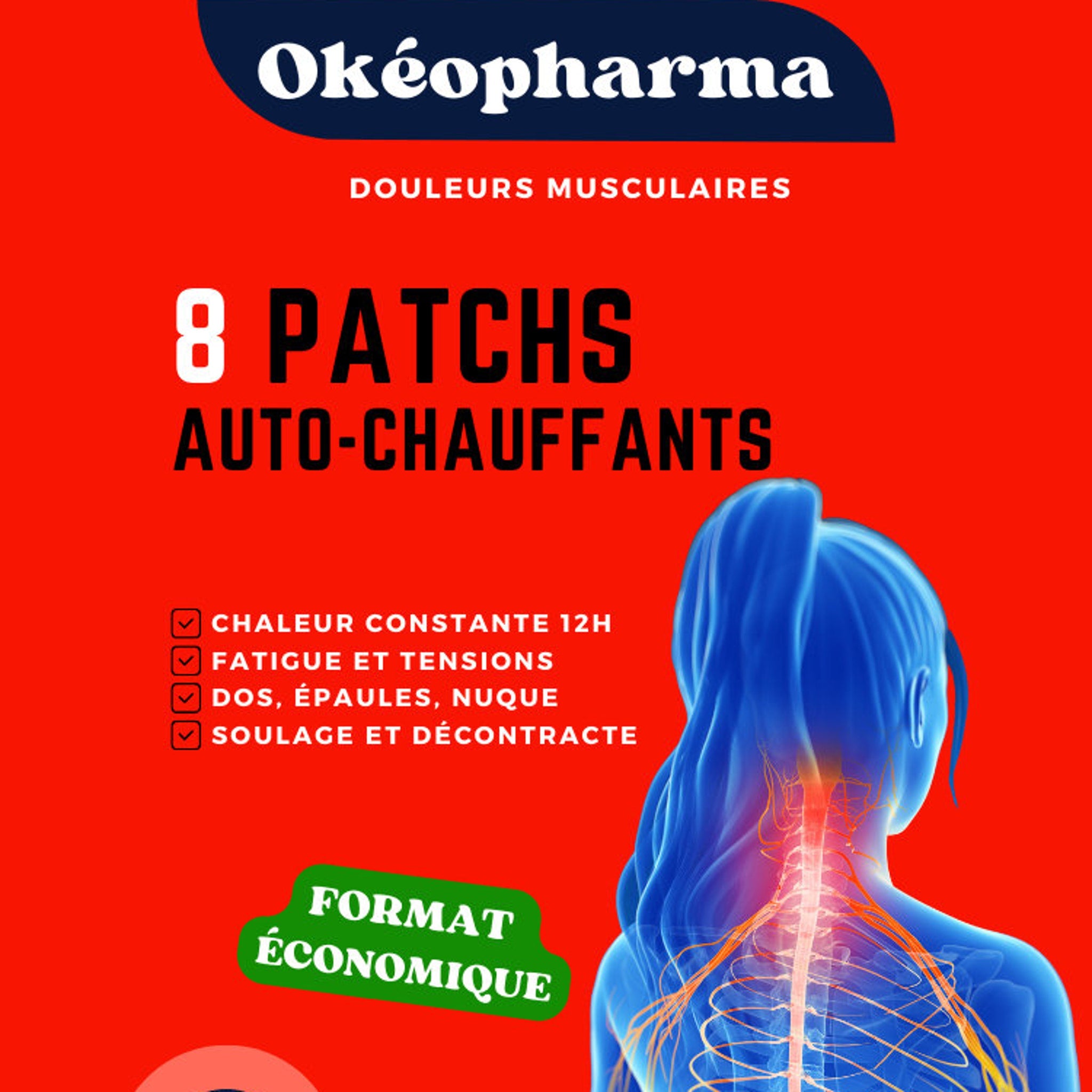 Auto-chauffants patches, red background with white text, blue illustration of a person's neck, Okéopharma logo visible