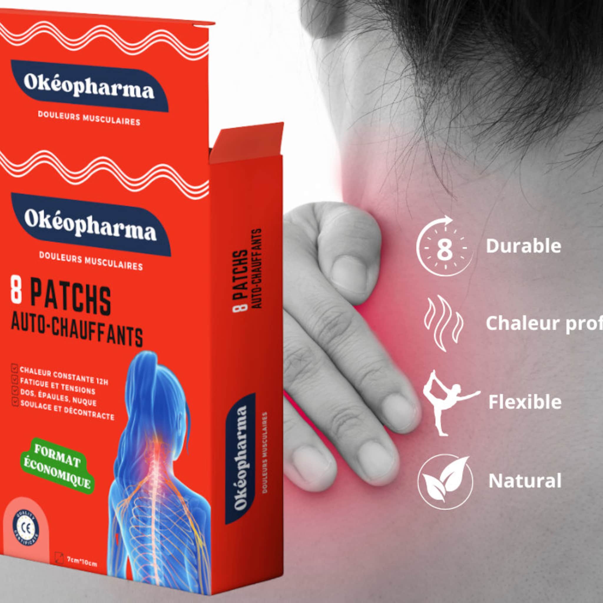 Auto-heating patches in red box with Okéopharma branding, shown near neck, with white text and graphics