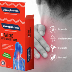 Auto-heating patches in red box with Okéopharma branding, shown near neck, with white text and graphics