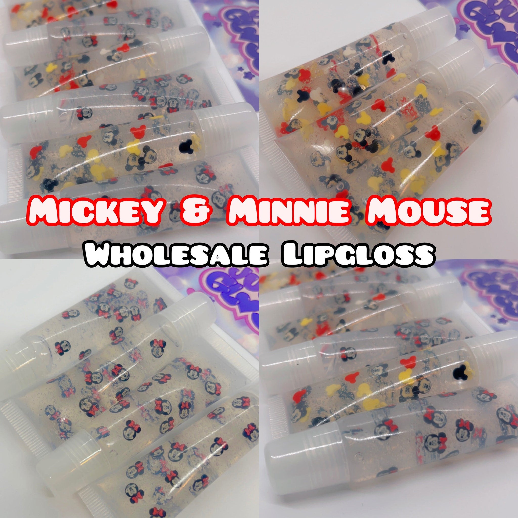 Lip gloss tubes with Disney Minnie & Mickey Mouse pattern, clear with white caps