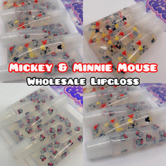 Lip gloss tubes with Disney Minnie & Mickey Mouse pattern, clear with white caps