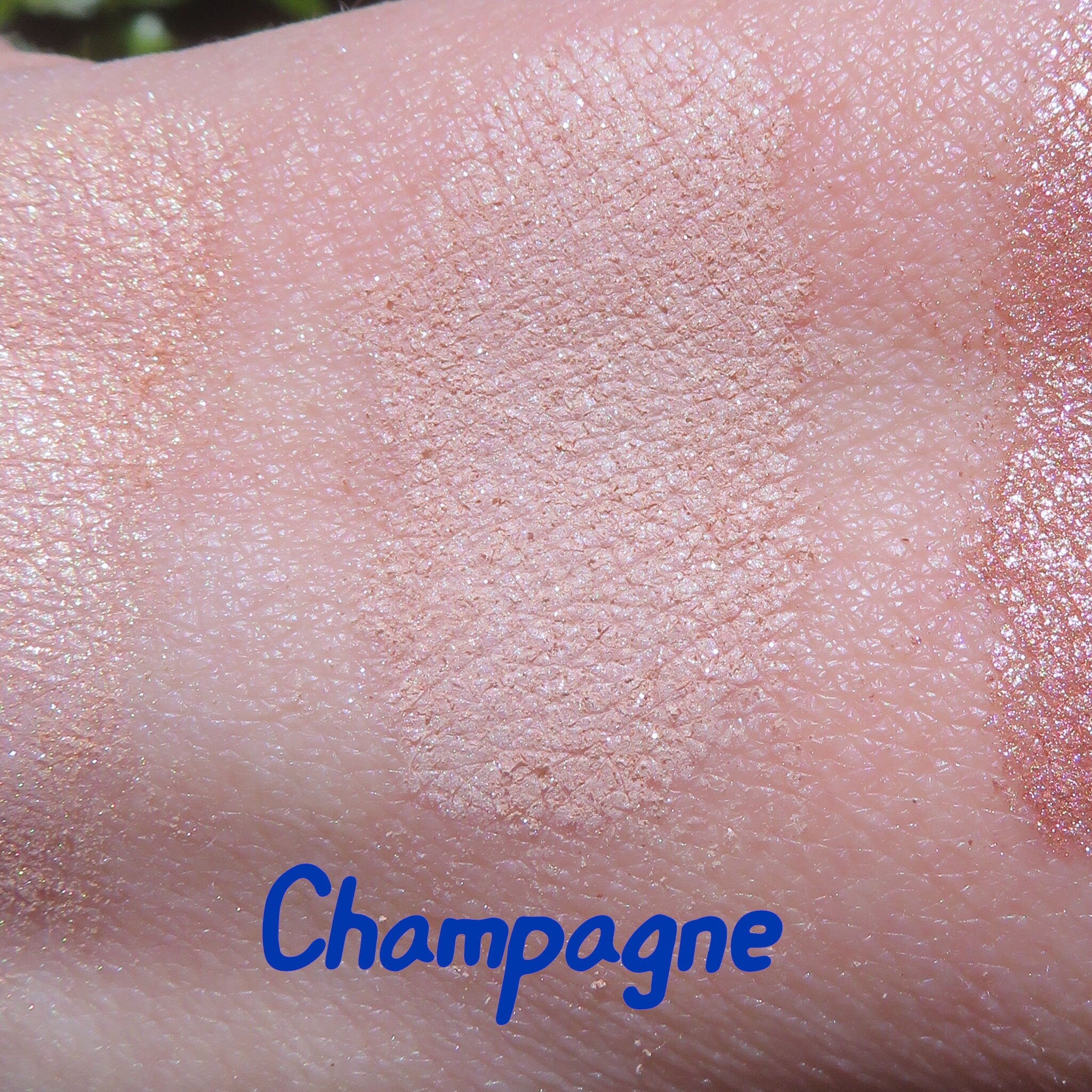 Close-up of shimmering loose mineral eyeshadow in frosty golden champagne with beige-brown sparkles