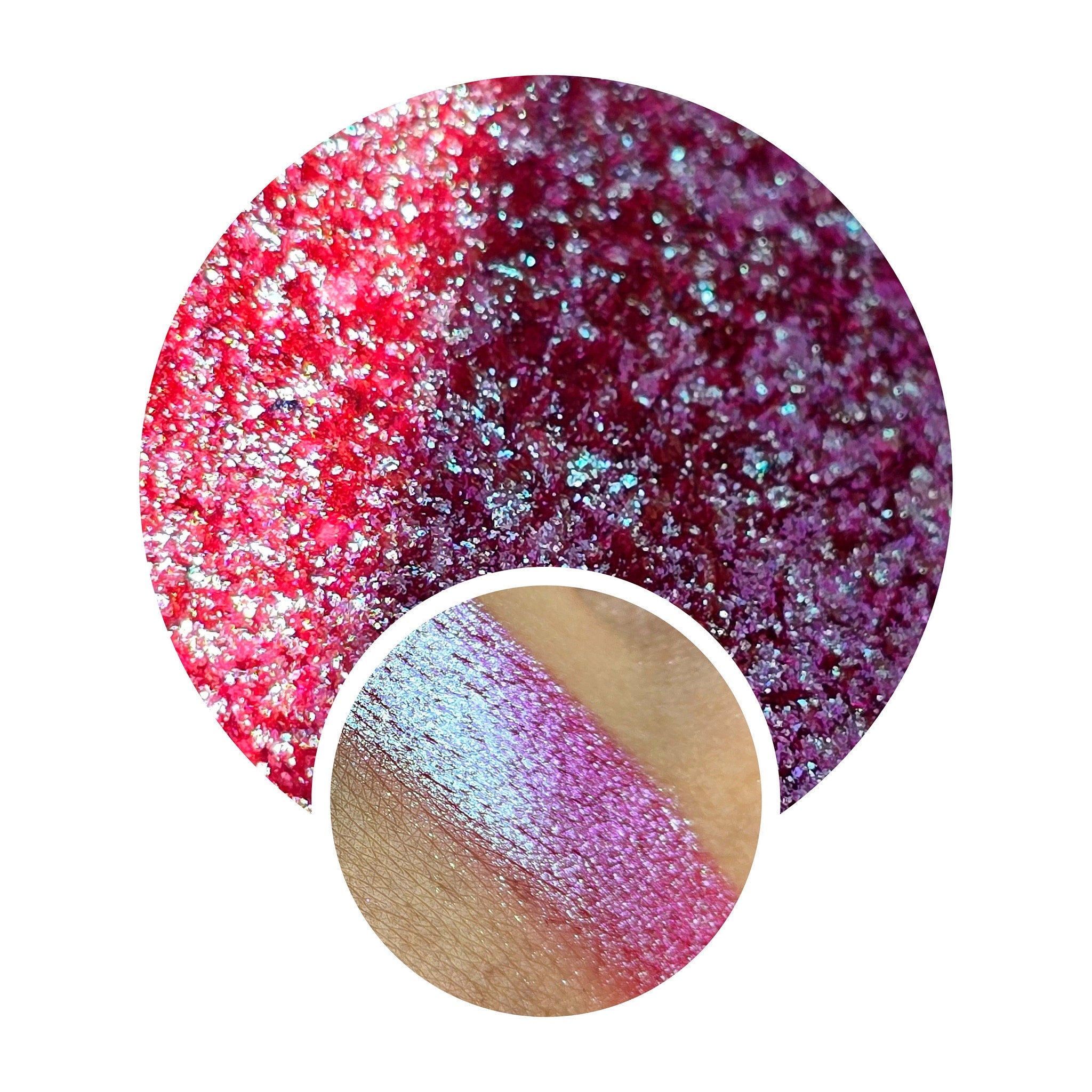 Close-up of shimmery multichrome eyeshadow shifting between iridescent hues in a compact pan.