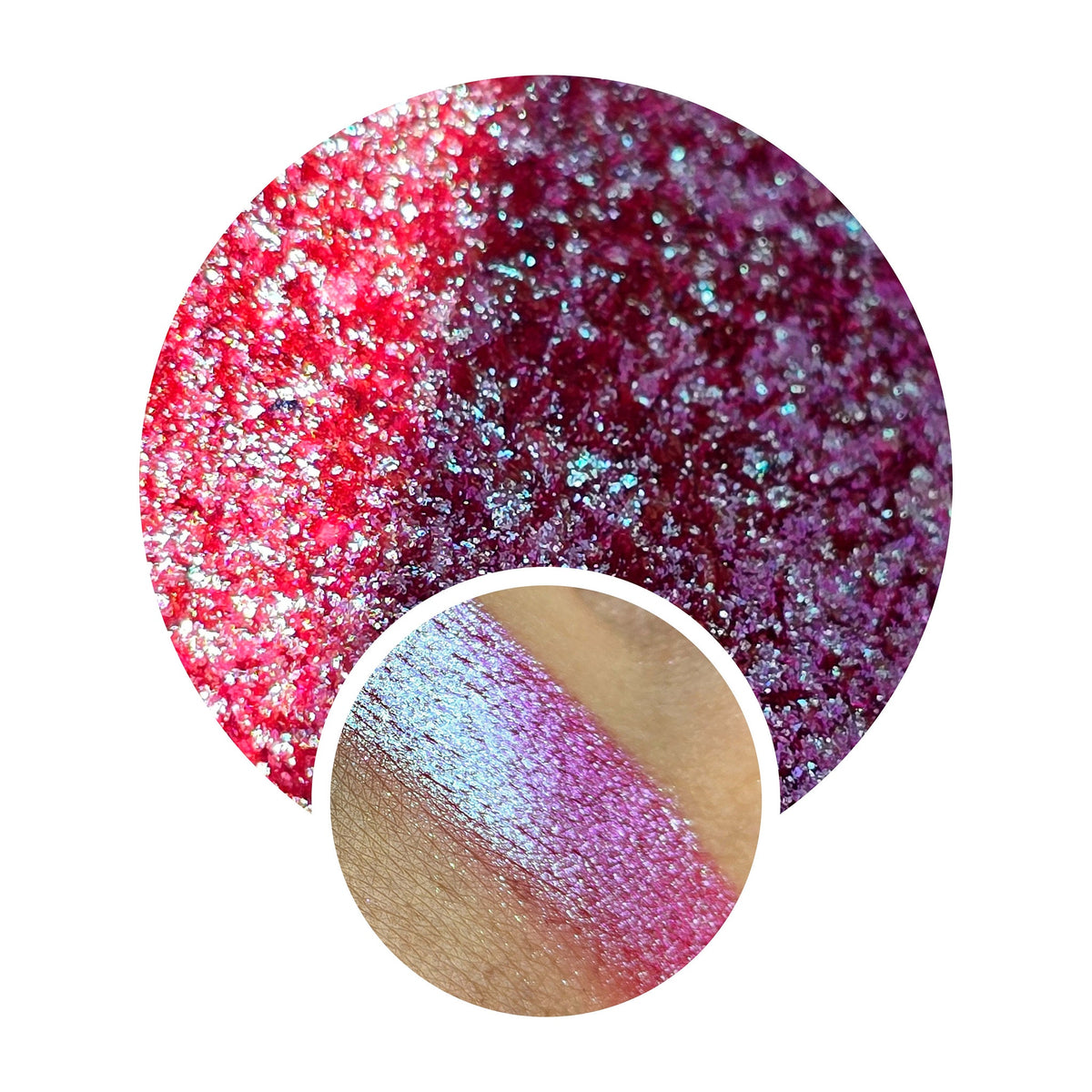 Close-up of shimmery multichrome eyeshadow shifting between iridescent hues in a compact pan.
