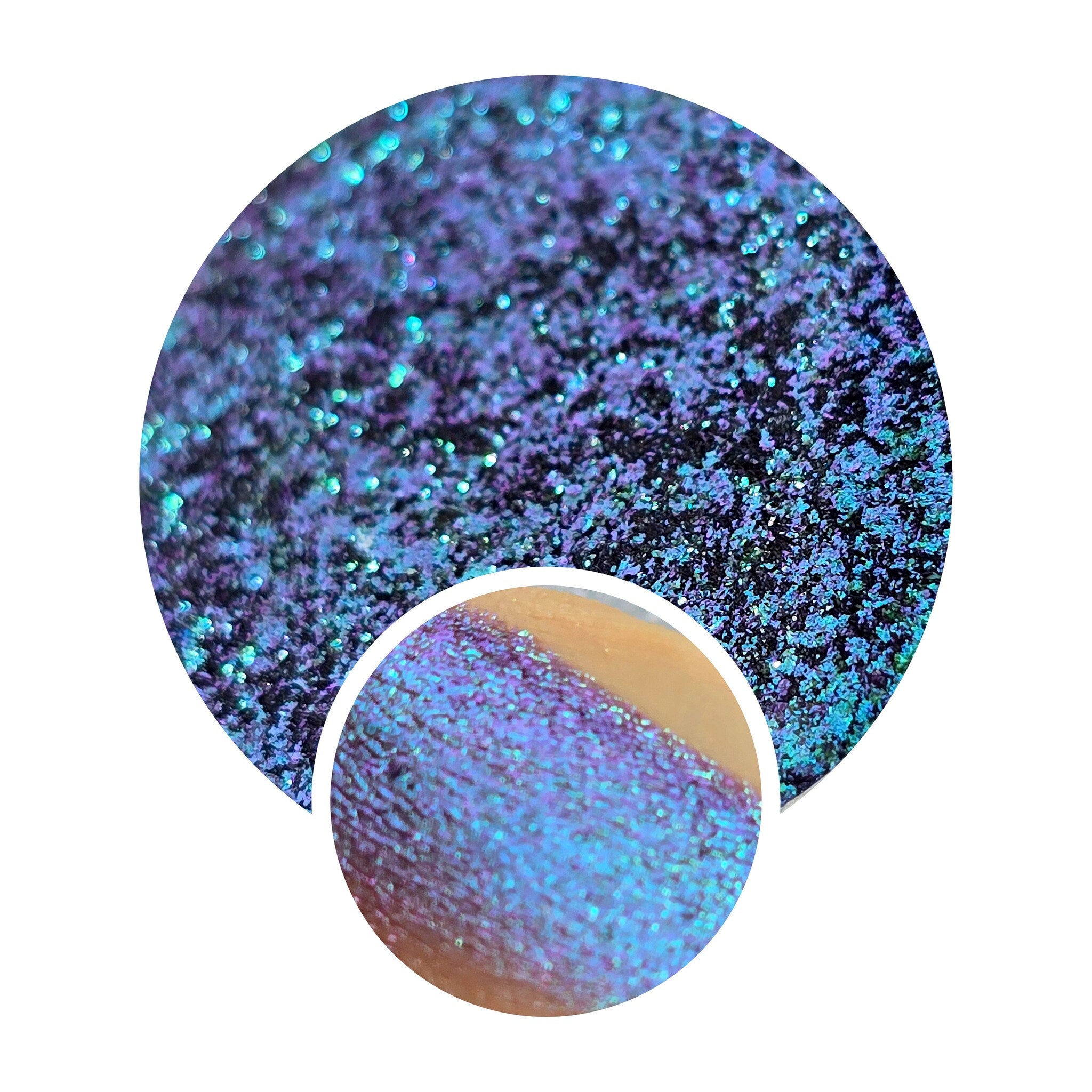 Close-up of Humble Bard multichrome eye shadow pot showing shimmery color shift from green to gold in compact round case