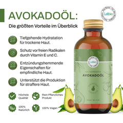 Avocado oil bottle, brown glass, gold cap, Lebbio brand, with avocado fruit illustrations