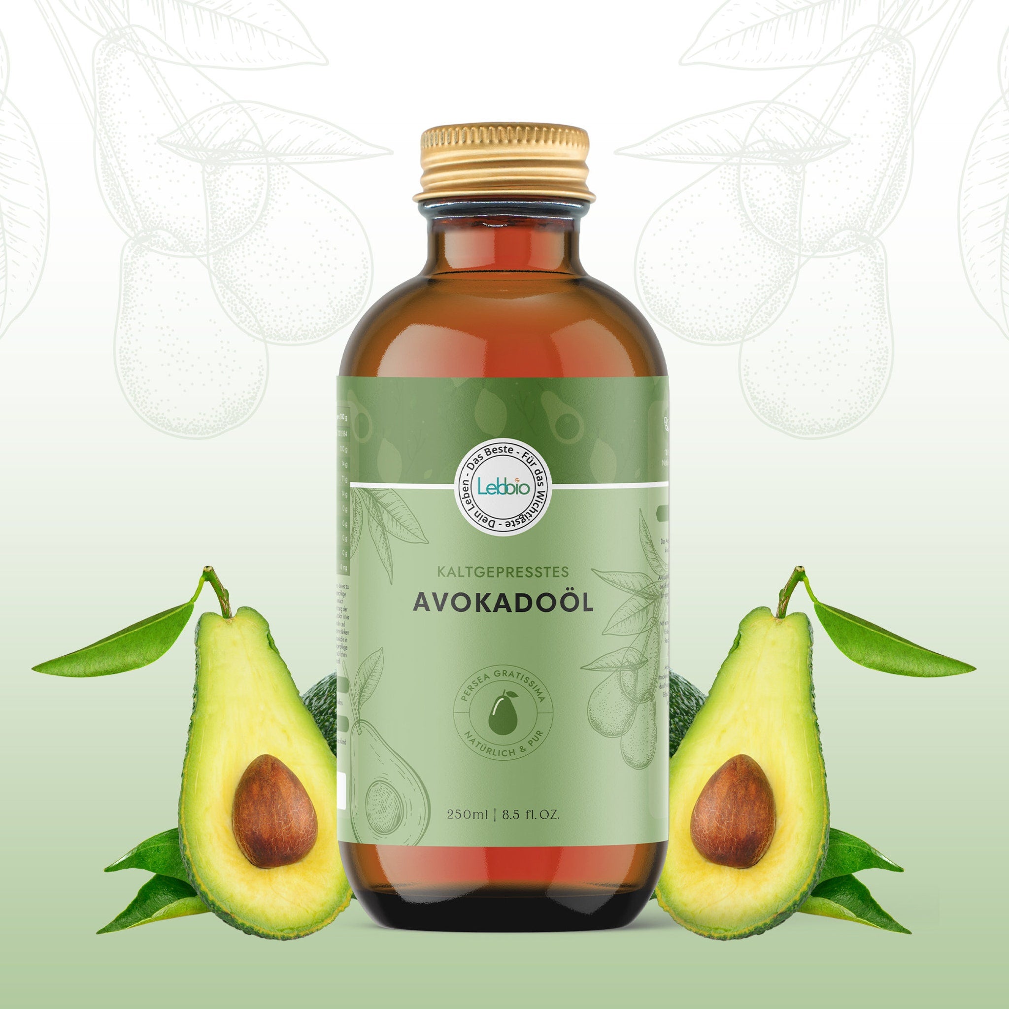 Avocado oil bottle with green label, brown glass, and gold cap, with avocado halves