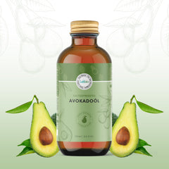 Avocado oil bottle with green label, brown glass, and gold cap, with avocado halves