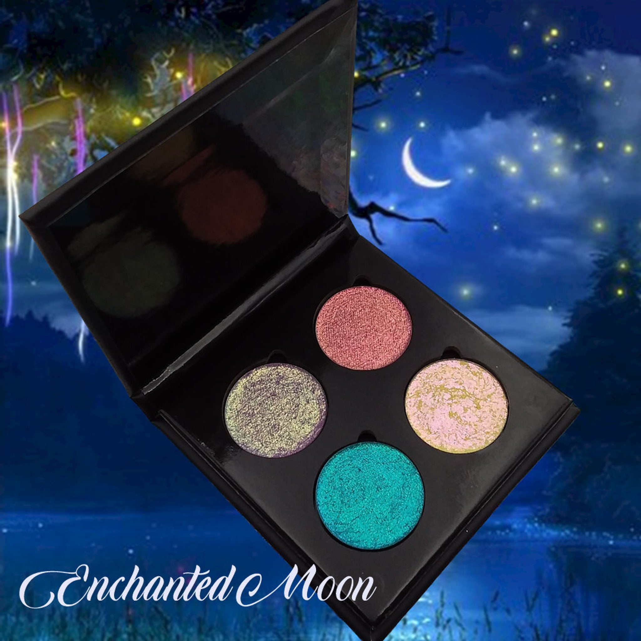 Close-up of Jewel Moon Chrome Shifting Eyeshadow showing iridescent multi-color shimmer particles in compact pan