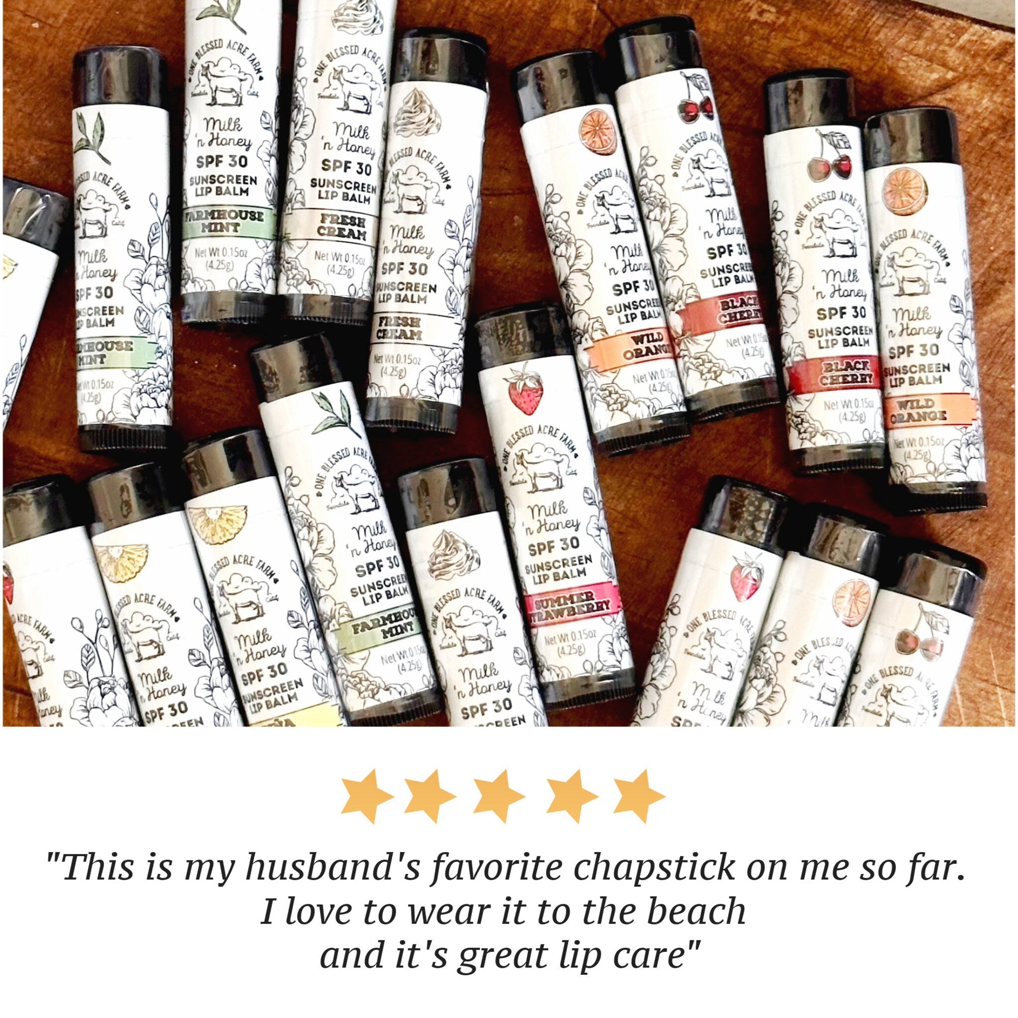 Lip balm tubes with white labels, black caps, and One Blessed Acre Farm branding, shown in a group