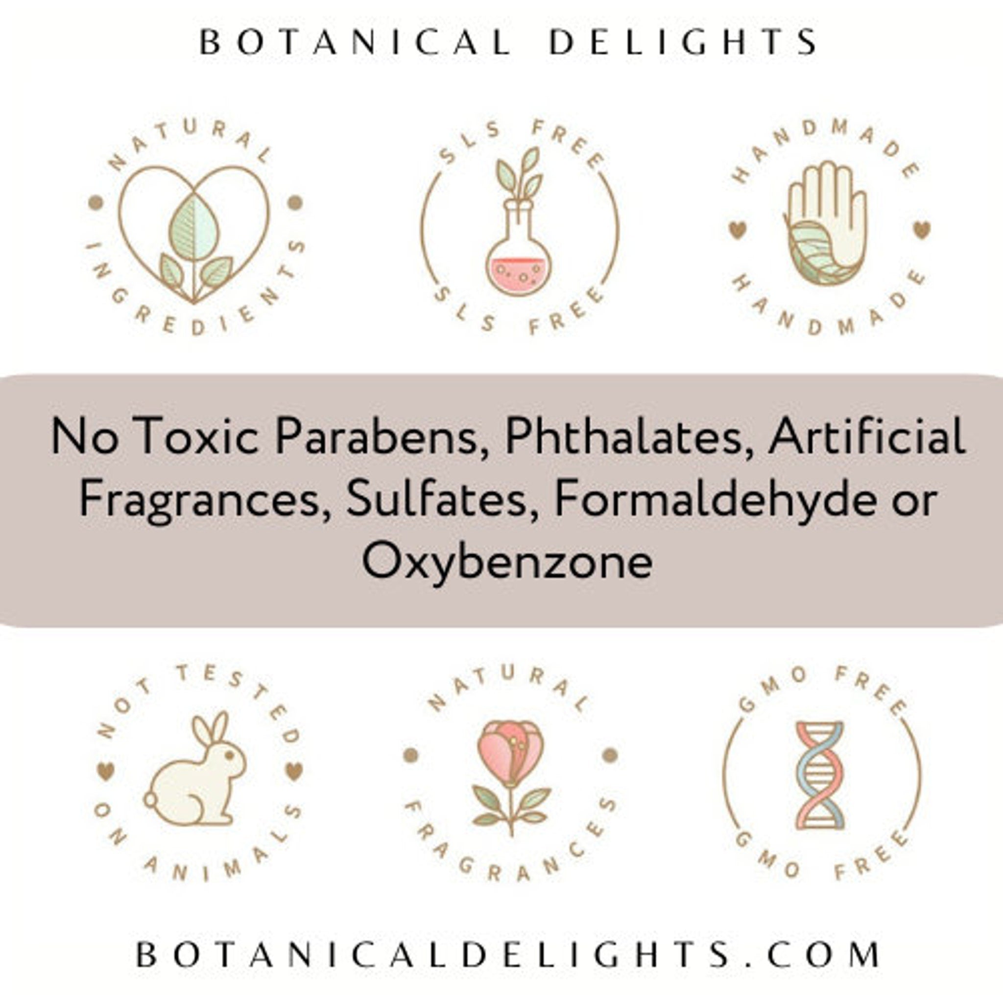 Botanical Delights logos in cream and gold with text, including "Natural Ingredients" and "Handmade