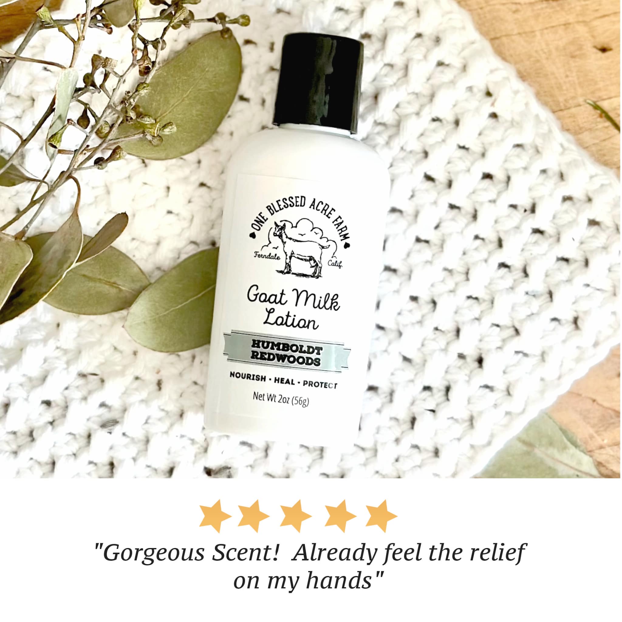 Goat milk lotion bottle with black cap, white label, and white knit background with leaves
