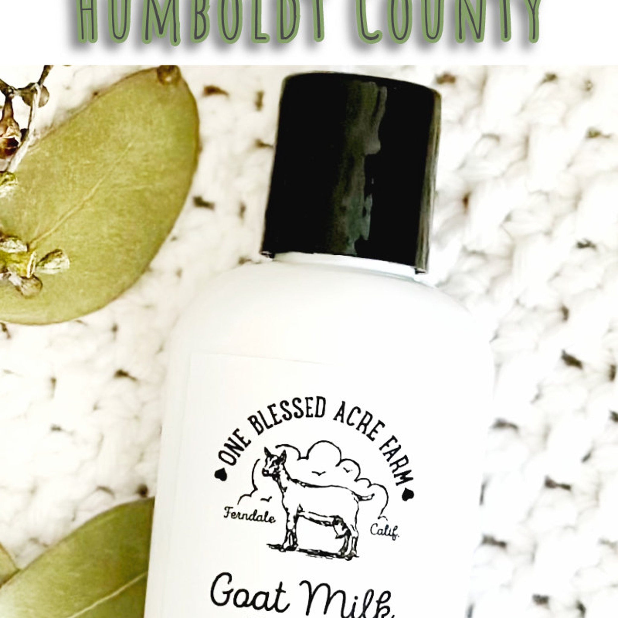 Goat milk bottle with black cap, white label, and One Blessed Acre Farm logo on white background