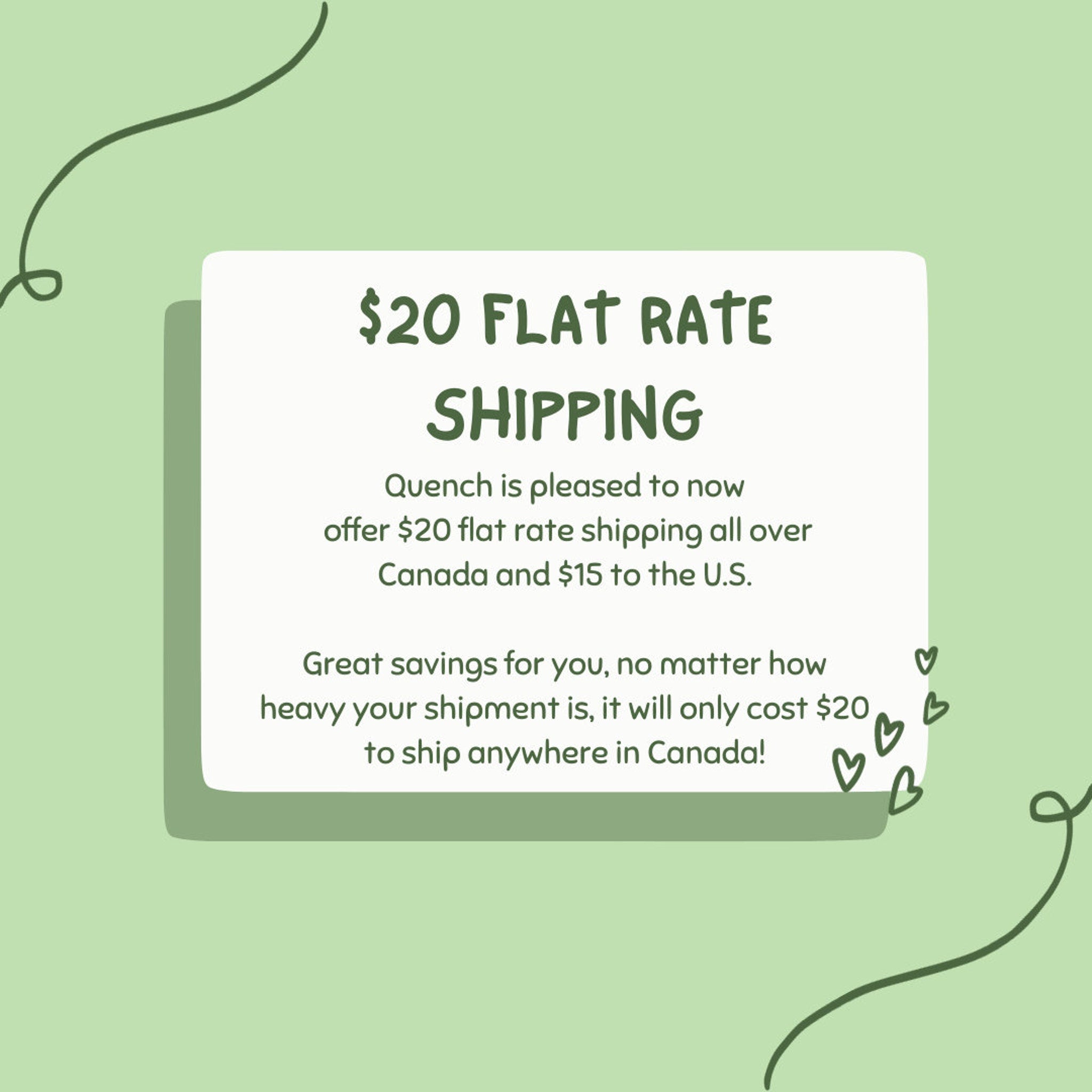 Shipping promotion graphic with green background, white text box, and Quench brand text, offering $20 flat rate shipping