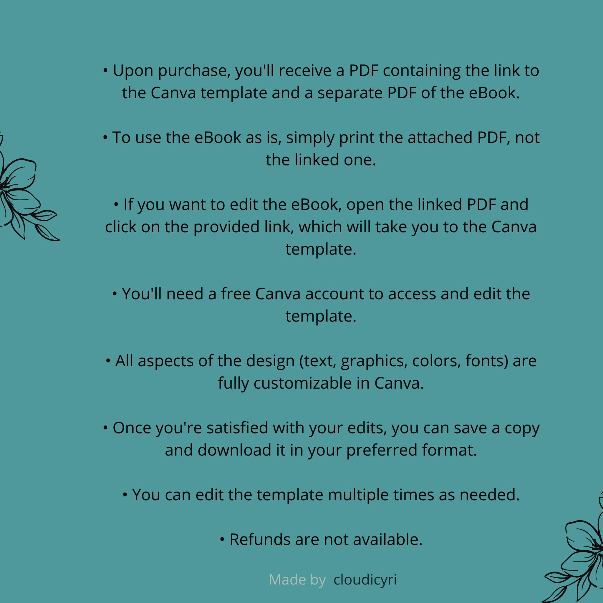 Digital document with teal background, white text, and black floral design, by cloudicyri.