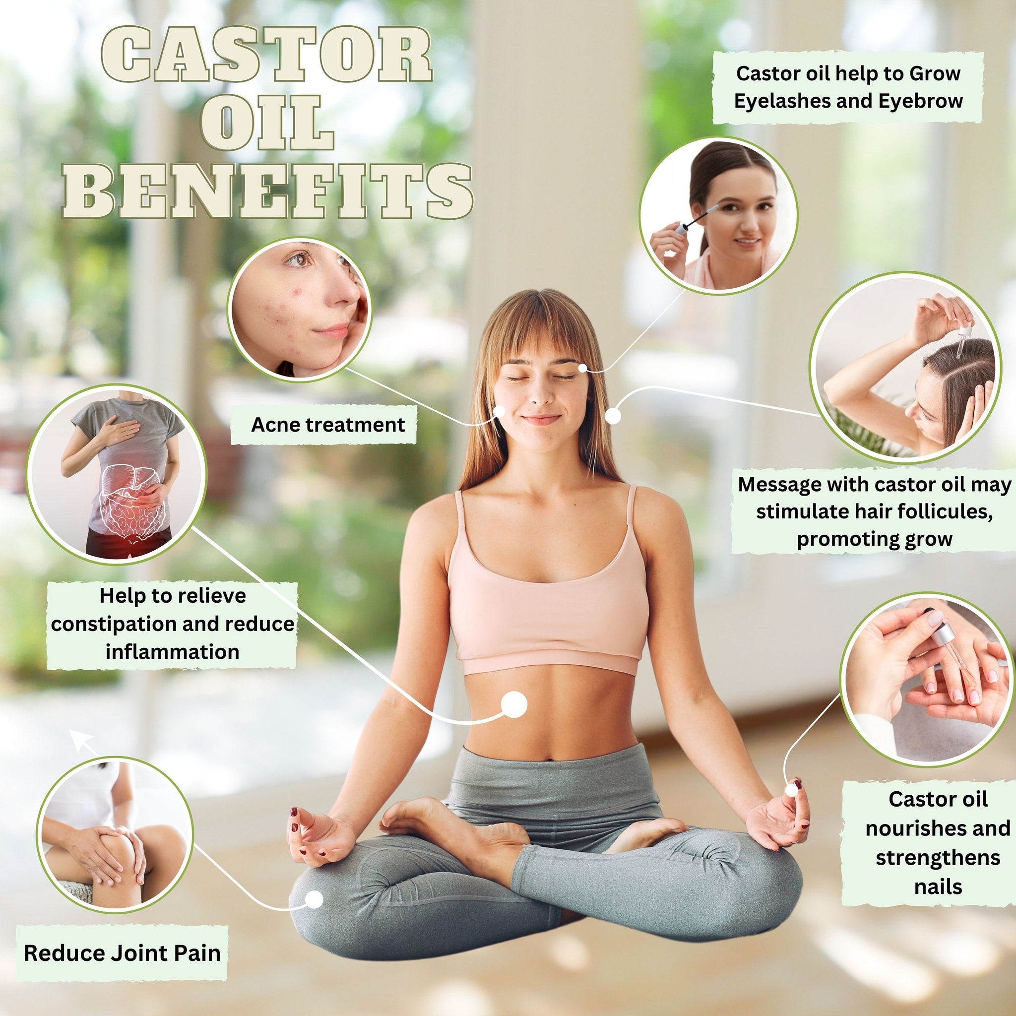 Castor oil benefits image with text, woman in pink top and gray pants, health and wellness concepts