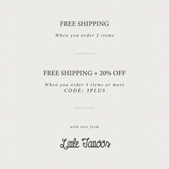 Promotional text on cream paper, black text offers free shipping and discount from Little Tattoos