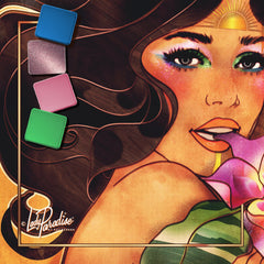 Jungle Queen eyeshadow palette with 12 vibrant tropical shades in rainbow hues, featuring a Hawaiian floral design on sleek black packaging