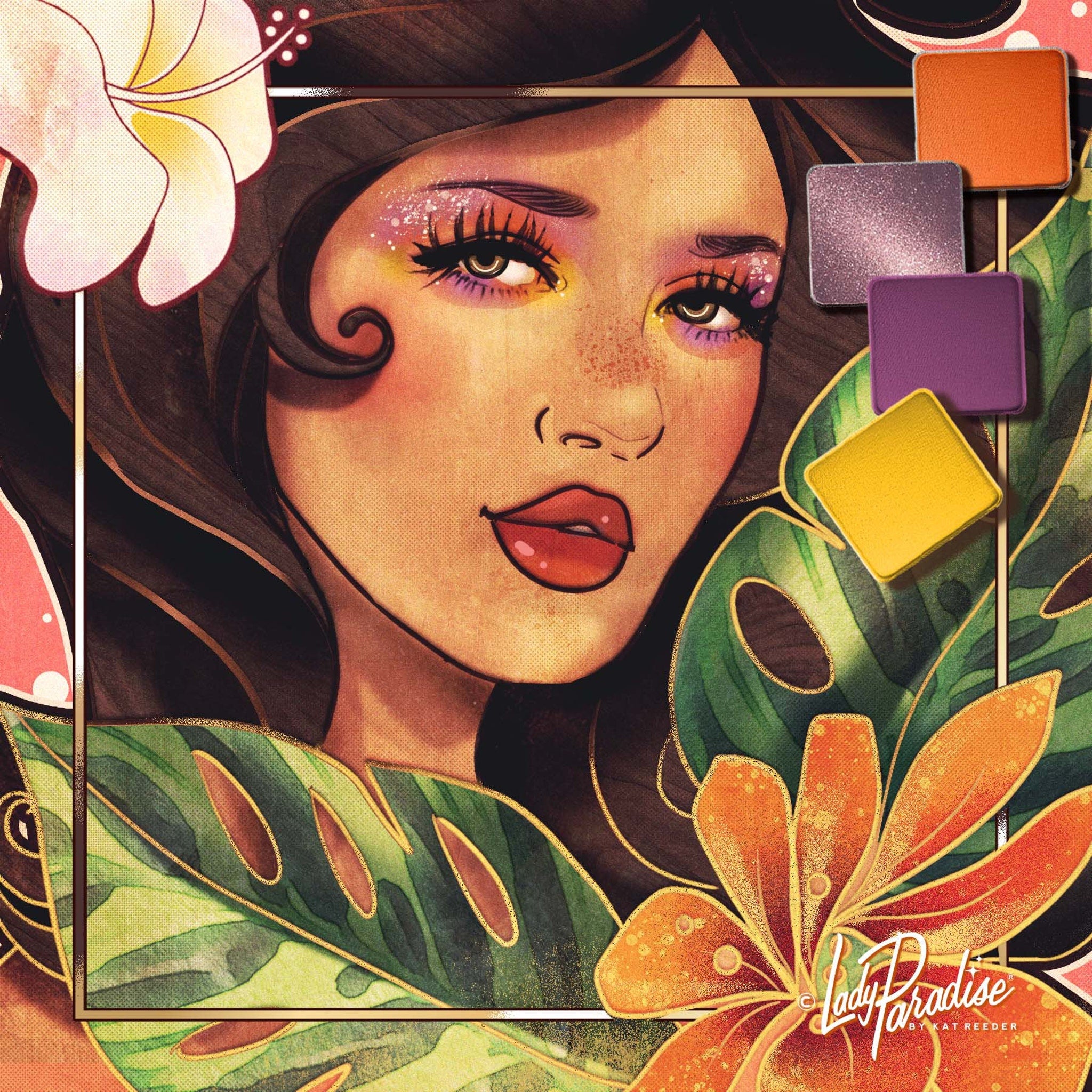 Side view of Jungle Queen eyeshadow palette showing rainbow shades in tropical-inspired packaging with floral details