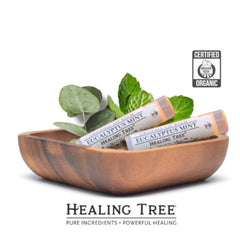 Lip balm tubes with white labels, clear caps, and green leaves in wooden bowl, Healing Tree brand
