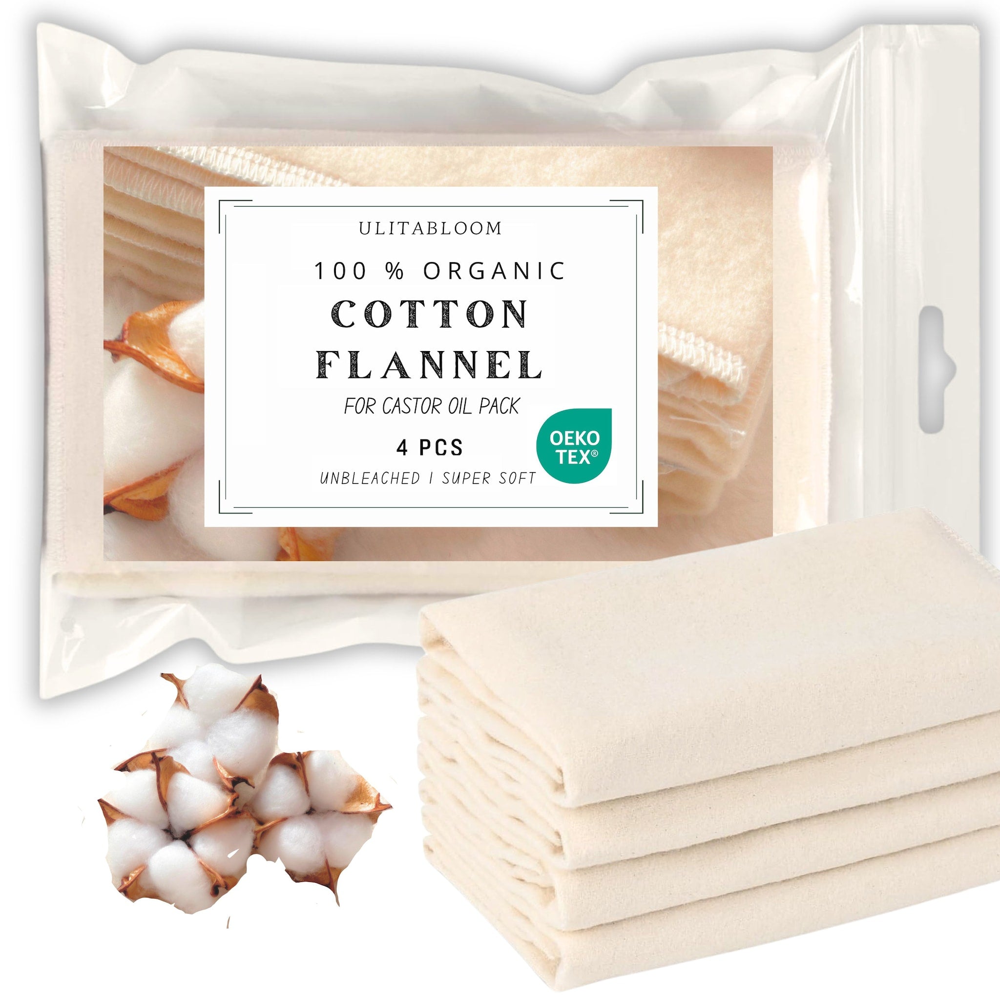Cotton flannel fabric, unbleached, soft, ULITABLOOM, for castor oil pack, 4 pieces