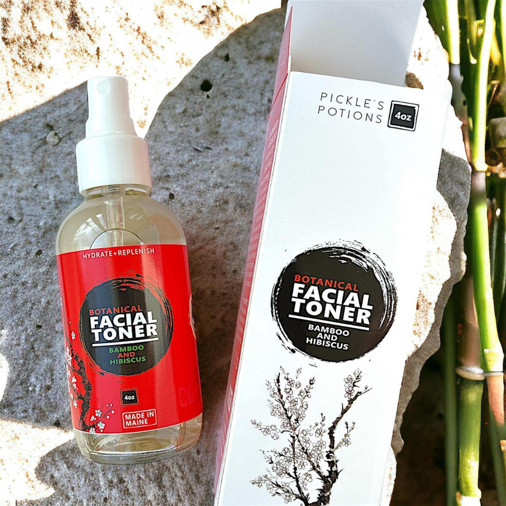 Facial toner bottle with red label, white spray top, and "Pickle's Potions" branding on box with floral pattern.