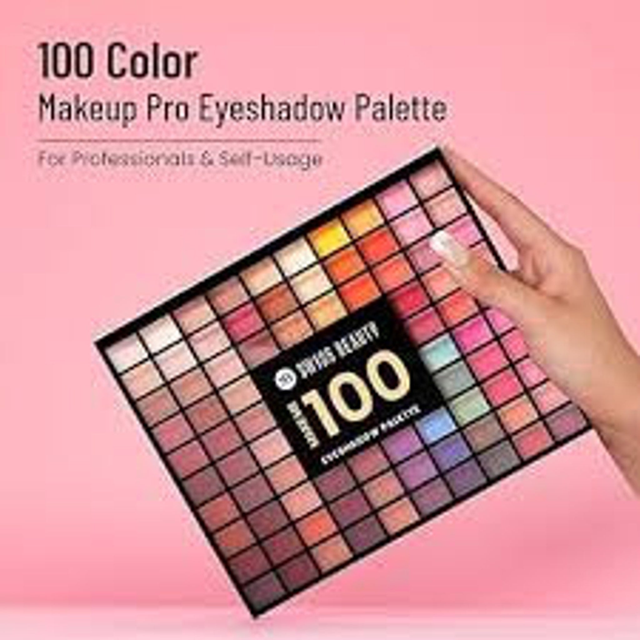 Eyeshadow palette with multiple colors, held by a hand, Swiss Beauty brand visible
