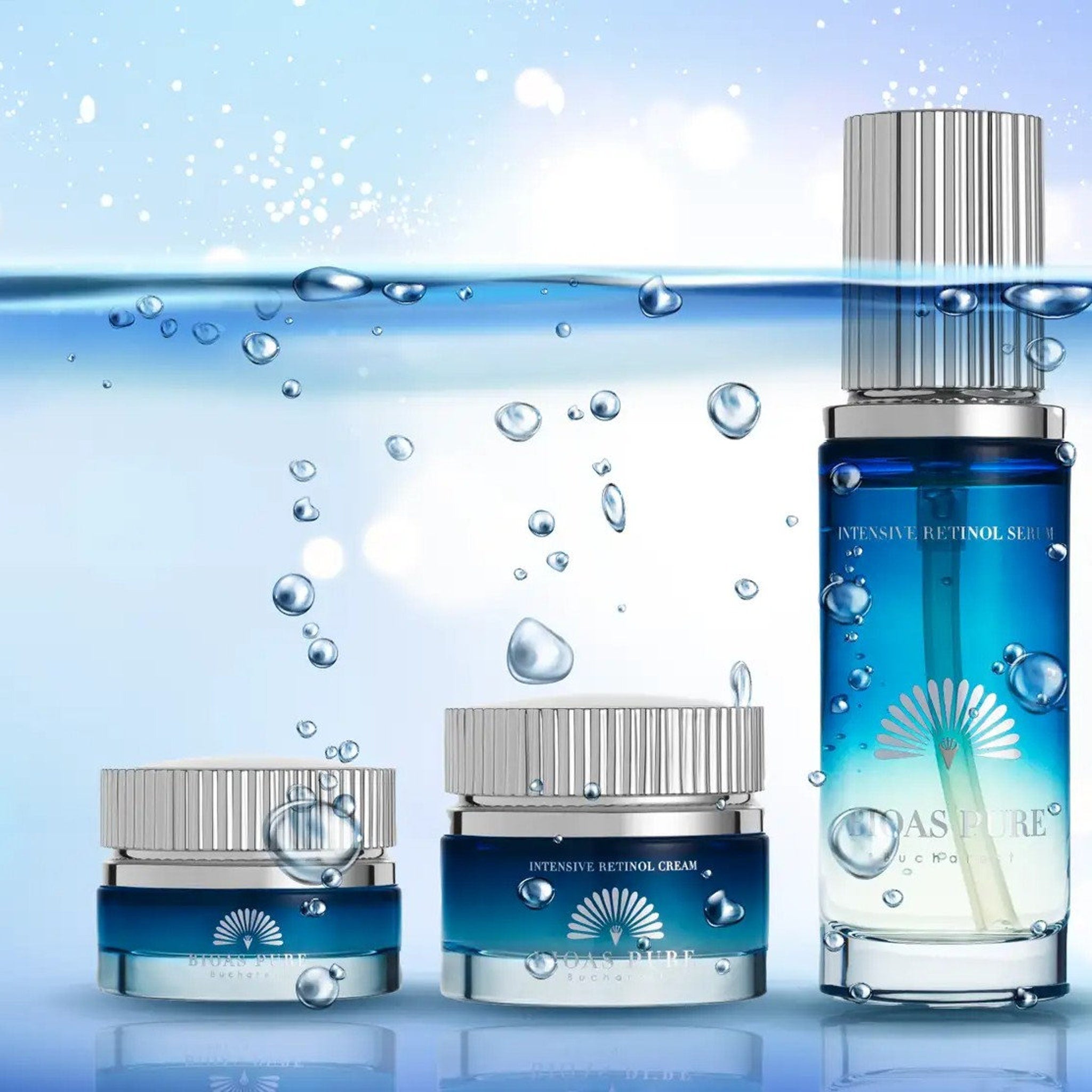 Retinol skincare set with blue and silver bottles, "DAS PURE" branding, and water droplets