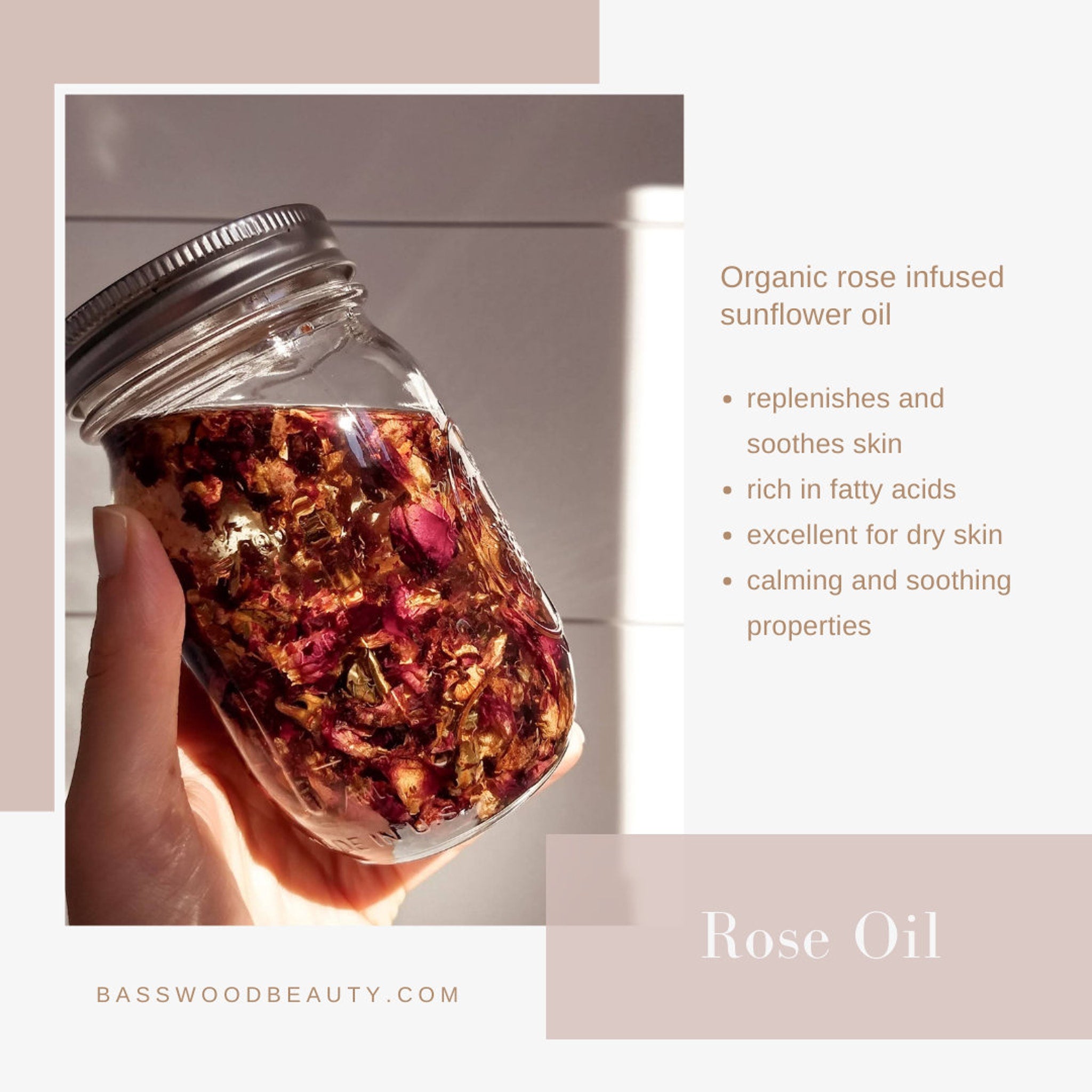 Rose oil in clear glass jar with silver lid, held by hand, Basswood Beauty branding visible